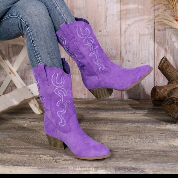 NEW WOMENS PURPLE💜 EMBROIDERED WEDGE SLIP-ON BOOTS - Picture 4 of 10
